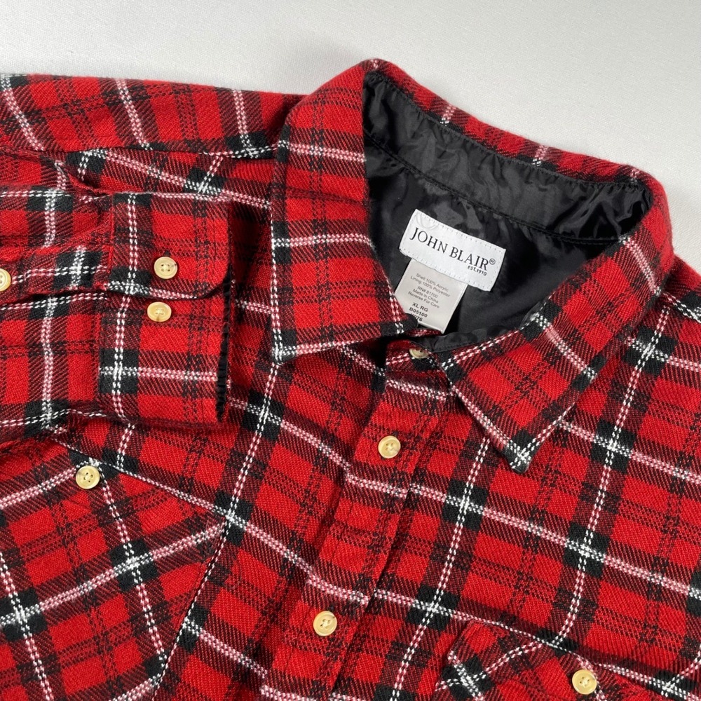 JOHN BLAIR Mens XL Red Black Plaid‎ Lined Flannel Shirt Soft Warm Casual Vintage
